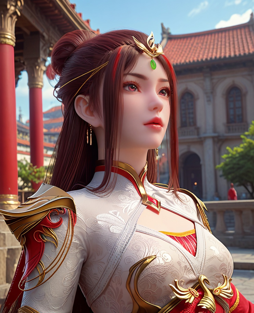 (oriental architecture, elegant decor, sophisticated style:1.1),Leaping forward with arms stretched out,,(breasts:1.2),<lora:XL完美世界红凰:0.95>,miss honghuang,solo,white corset with red bra underneath,white bolero,red overskirt,red eyes,brown hair,long hair,hair bun,left earcap,streaked hair,forehead pendan,long sleeves,lips,shoulder armor,, zPDXL2, score_9, score_8_up, score_7_up BREAK realistic, masterpiece,best quality, highly detailed,, zPDXL3, zPDXL2,zPDXL, zPDXLxxx, zPDXLrl,