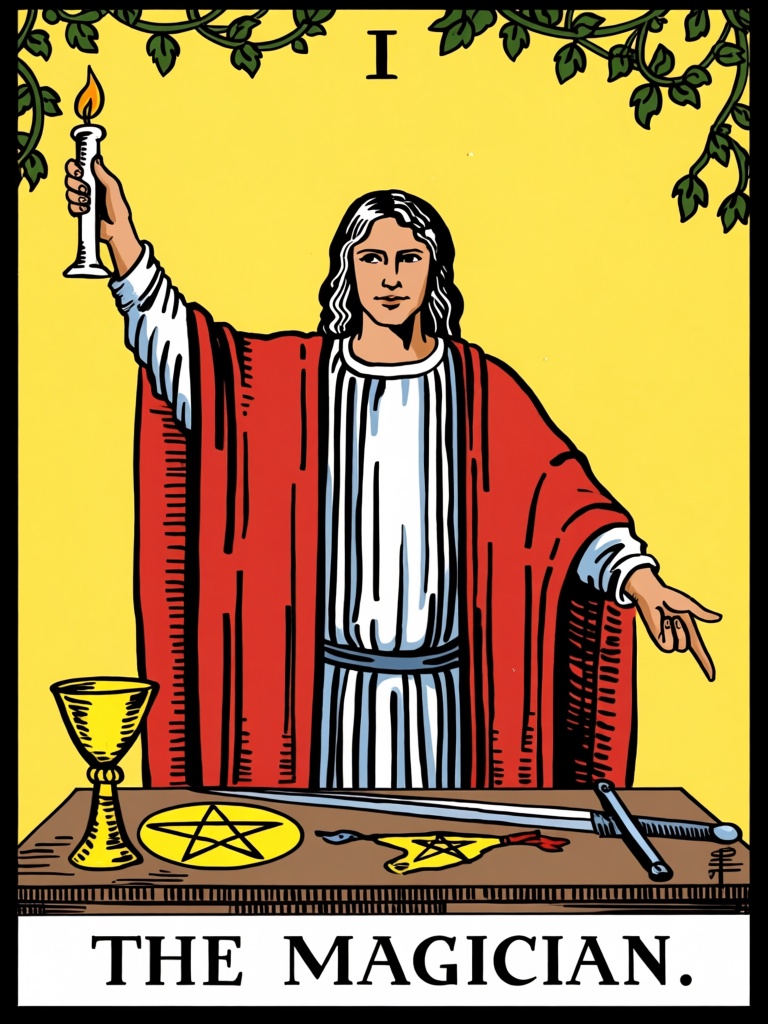 A tarot card illustration of The Magician,  numbered I,  shows a figure wearing a white robe and a vibrant red cloak. The...