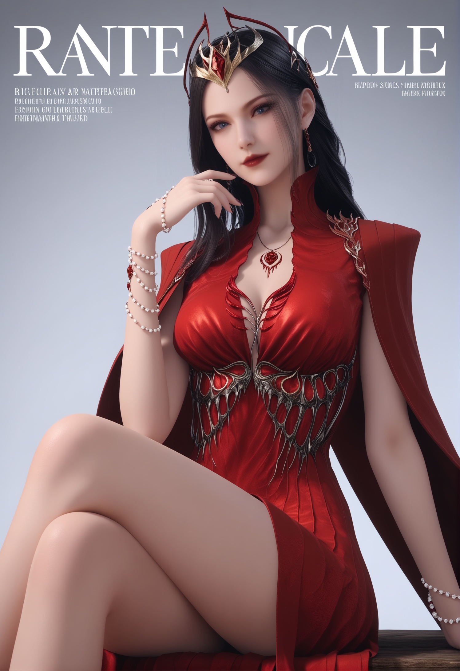 score_9,score_8_up,score_7_up,1girl,solo,sitting,(crossed_legs:1.3),(long_legs:1.1),1girl,solo,realistic,dress,long dress,red dress,shoulder armor,cape,red cape,long sleeves,realistic,jewelry,tiara,crown,gem,hair ornament,earrings,necklace,bead bracelet,beads,bracelet,1girl,solo,realistic,(mature face:1.2),(pale skin:1.1),shiny_skin,slender face,long hair,black hair,blue eyes,red lips,closed mouth,bare legs,realistic,(grey_background:1.4),solid background,(gradient_background:1.1),(magazine cover theme:0.75),transparent_background,simple background,depth of field,<lora:小巳-叶夕水pony:0.85>,