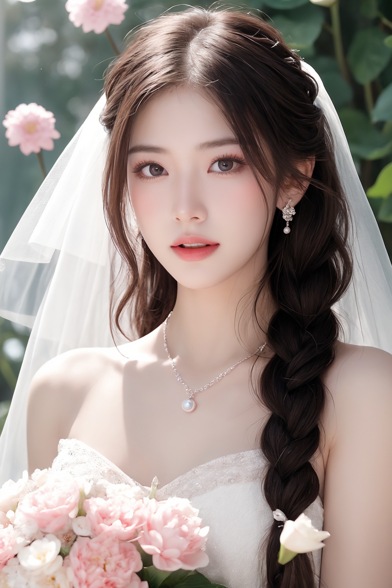 1girl, bouquet, braid, brown hair, daisy, dandelion, earrings, flower, flower field, holding flower, hydrangea, jewelry, lily \(flower\), lips, long hair, lotus, necklace, open mouth, pearl necklace, pink flower, realistic, ring, solo, teeth, wedding band, wedding ring, white flower <lora:国际超模脸1.0:0.8>