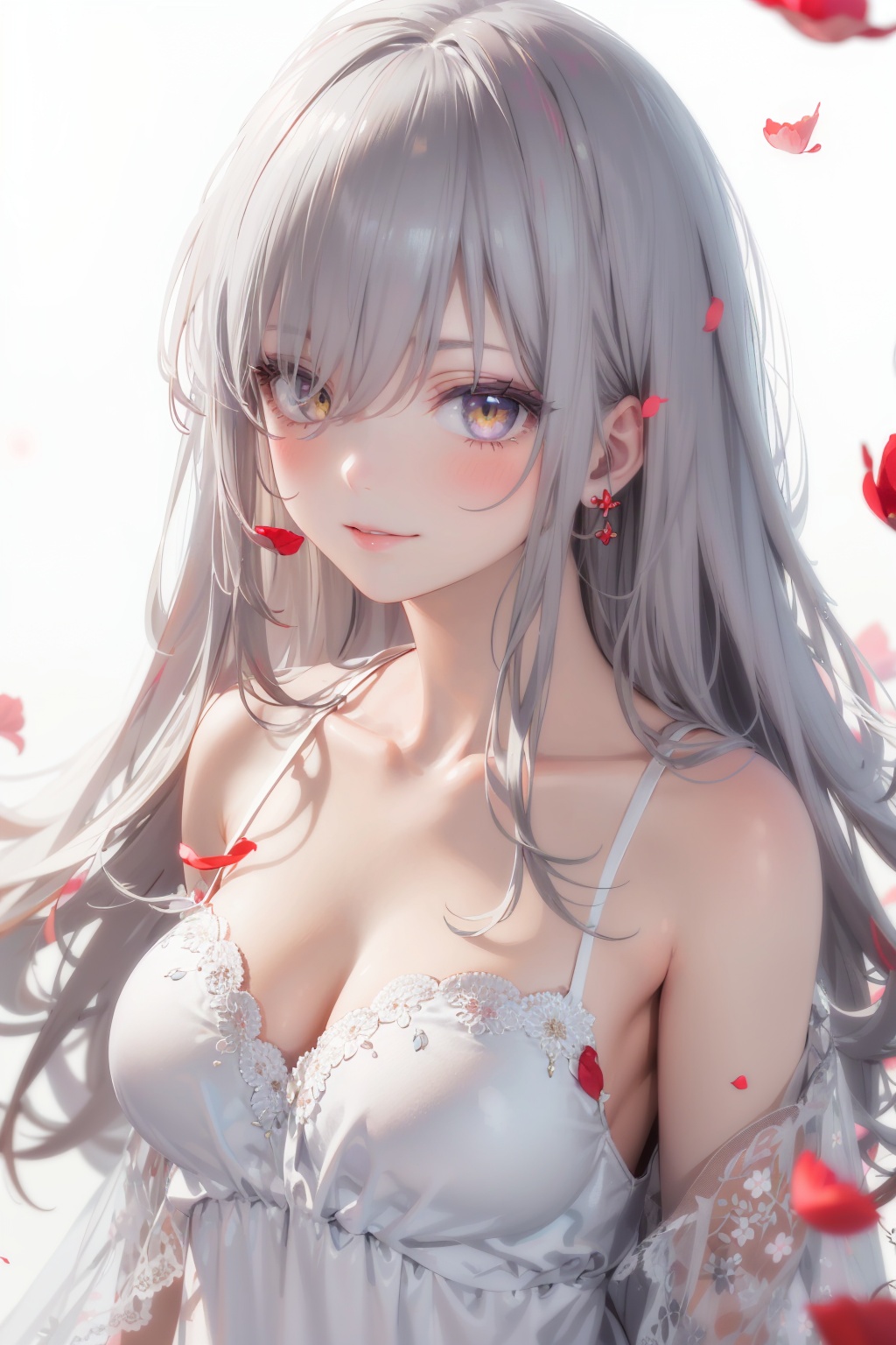 masterpiece,best quality,(realistic:1.2),1girl,solo,looking at viewer,silver hair,yellow eyes,beautiful and detailed face,evil smile,upper body,collarbone,collarbone,large breasts,white long translucent night gown,expressionless,hair cover one eye,long hair,red hair flower,standing,blood,(plenty of red petals:1.35),white background),simple background,