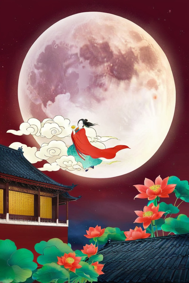 building, cloud, cnmidautumn, flower, full moon, midautumn, moon, night, night sky, no humans, red shirt, shawl, sky, sun,<lora:XL_CNmidAutumn.v1:0.7>,