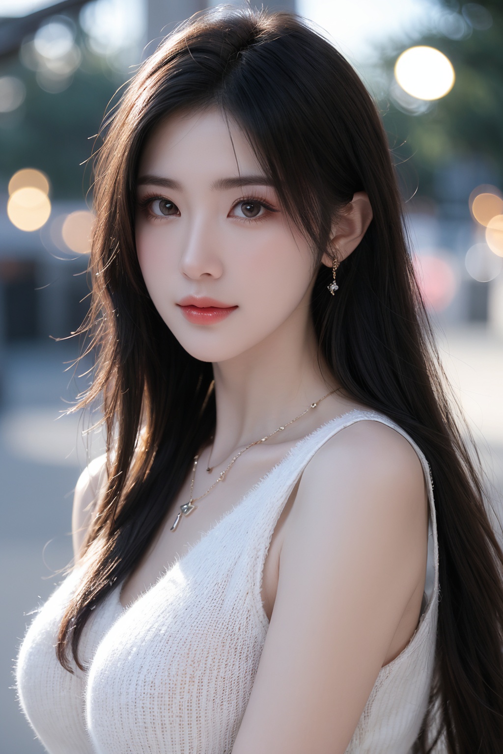 1girl, black hair, blurry, blurry background, bokeh, depth of field, jewelry, lens flare, lips, long hair, looking at viewer, necklace, outdoors, sleeveless, solo <lora:美女:0.8>