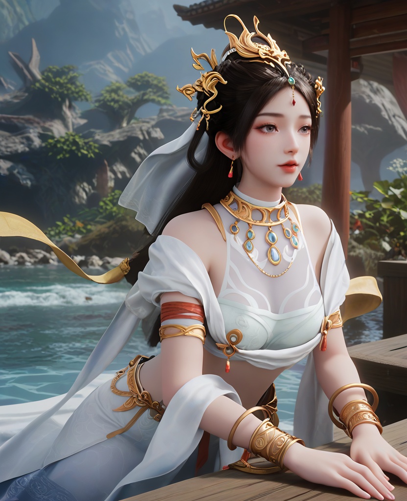 (oriental architecture, elegant decor, sophisticated style:1.1),(Resting on a wooden dock, feet dipped in water, feeling serene,:1.1),(breasts:1.2),<lora:XL16遮天瑶池圣女:0.95>,miss yaochi,sarashi,cleavage mesh,choker,white wrap skirt,silk shawl,grey eyes,black hair,long hair,hair ornament,jewelry,earrings,forehead pendan,armlet,bracelet,white headscarf,, score_9,score_8_up,score_7_up,score_6_up,score_5_up,score_4_up,3d rendering,tag1,tag2, Cinematic Lighting,backlighting,