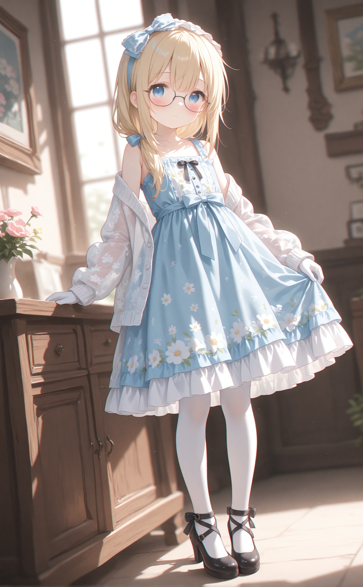 masterpiece,absurdres,best quality,loli,petite,high quality,chromatic_aberration,cinematic_angle,dutch angle,//,solo,long hair,housewife,bangs,low side ponytail,blonde hair,white pantyhose,black footwear,high heels,hairband,hair bow,white gloves,elbow gloves,sundress,floral print,print dress,long sleeves,white dress,blue dress,sweet lolita,frilled dress,collarbone,lolita fashion,open cardigan,white cardigan,see-through cardigan,glasses,indoors,<lora:Fumyun-000030:0.5>,<lora:konya666up-000025:0.3>,