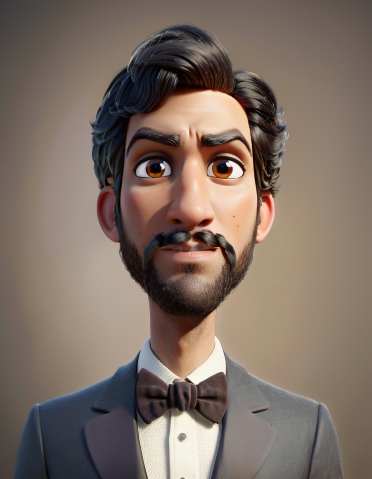 big head, 1boy, solo, mustache, male focus, bowtie, bow, facial hair, brown eyes, simple background, black bow, black bowtie, brown hair, black background, looking at viewer, shirt, formal, white shirt, mole, upper body, suit, black jacket, black hair, jacket, masterpiece,best quality,8k,insane details,intricate details,high detail,((masterpiece)), ((best quality)),