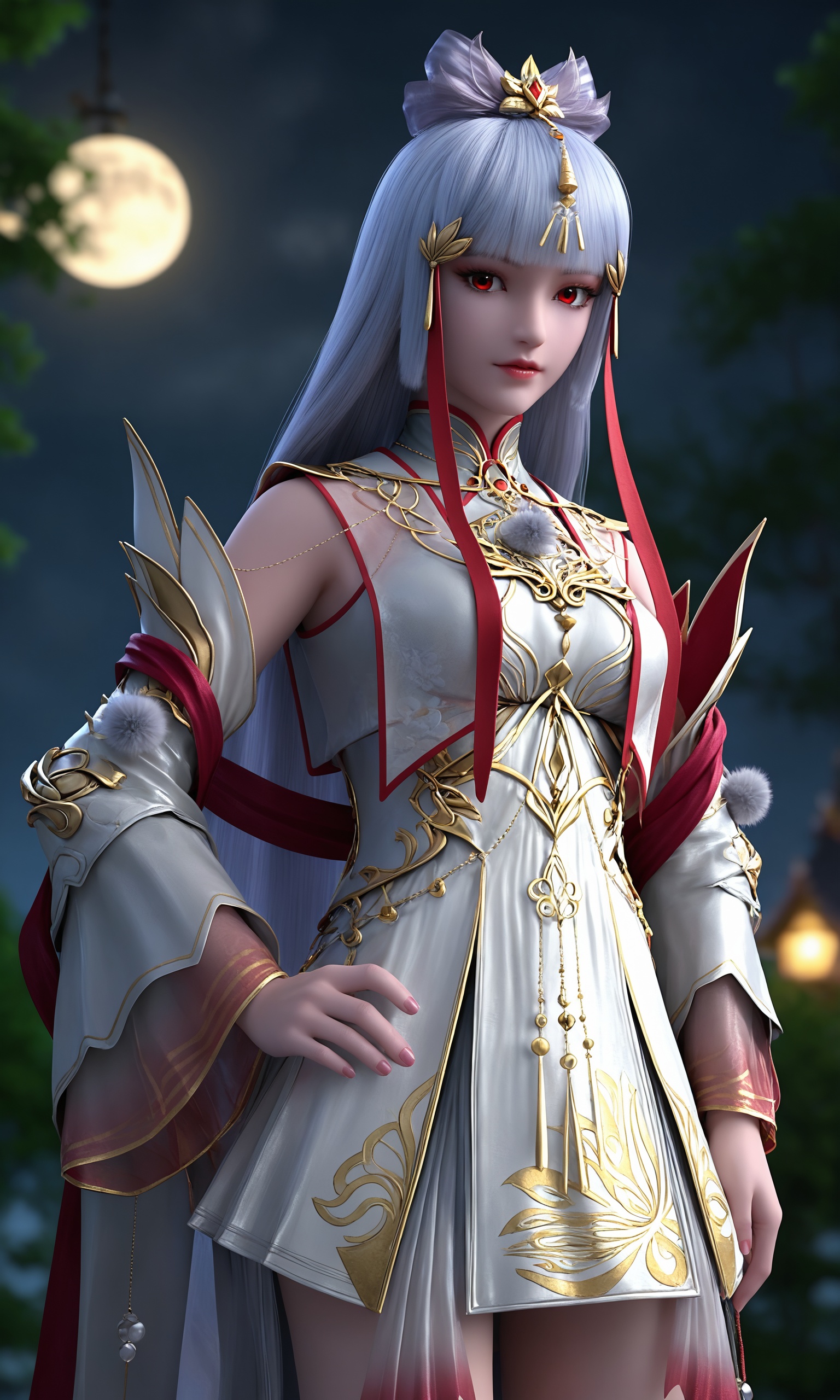 <lora:完美世界-新太阴玉兔Pony:0.8>,1girl,long,straight silver hair,hair ornament,headpiece,bangs,red eyes,intricate gold and red embroidery,sleeveless white gown,high collar,flowing train,gold and red trim,detached sleeves,standing,, 1girl,solo,shiny,shiny_hair,upper_body,fair_skin,white_skin,shiny_skin,shiny,Ivory_skin,looking at viewer,cinematic lighting,volumetric lighting,solo focus,blurry background,depth of field,night,sky,night sky,full moon,moonlight,