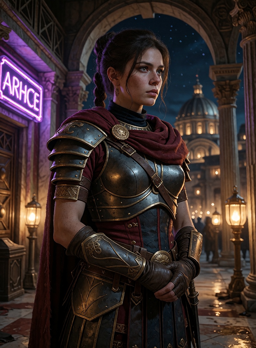 <lora:krearomainvicta:0.6A young woman imperial officer stands beneath a Roman arcade wearing dark fitted armor,  bronze o...