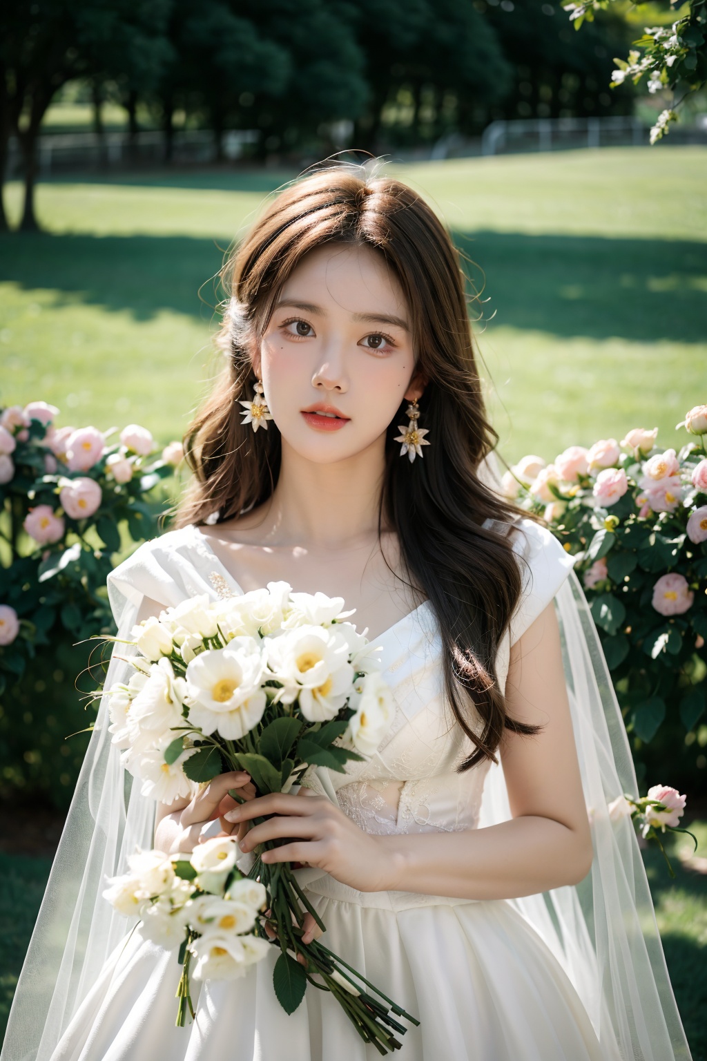 Best Quality,Masterpiece:1.4),(Realism:1.2),(Realisitc:1.2),(Absurdres:1.2),4K,(photorealistic:1.3),Detailed,Ultra-Detailed,1girl,church,lawn,outdoor,wedding,(whole body:1.4),gauze headscarf,((Huge chest)),(Long Wavy Hair),hunsha,veil,Earrings,Jewelry,(SunLight:1.4),Flowers,Hair Ornaments,(Holding flowers:1.4), <lora:YG梦中婚纱1:0.7>, 
