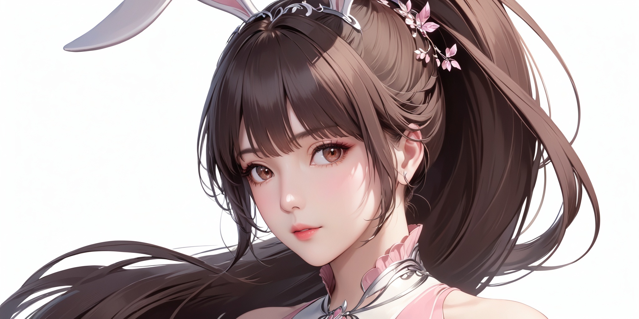 masterpiece,best quality,huge filesize,fantasy,illustration,simple white background,portrait,upper_body,1 woman,(mature_female:1.2),solo,rabbit ears,brown eyes,dress,long hair,pink dress,very long hair,brown hair,ponytail,hair ornament,black hair,collar,<lora:XL小舞成年2.0:0.7>,