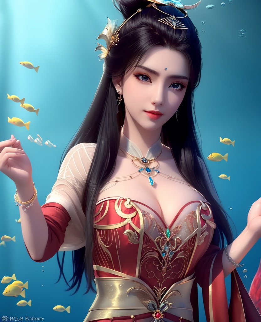 <lora:638-DA-暗河传-白鹤淮-妇人:0.8>(,1girl, ,best quality, ),looking at viewer,masterpiece, ((((, solo,  , ,solo focus, ,underwater, )))) ,ultra realistic 8k cg,   clean, masterpiece,     cinematic lighting, cinematic bloom,  (( , )),, , unreal, science fiction, luxury, jewelry, diamond, gold, pearl, gem, sapphire, ruby, emerald, intricate detail, delicate pattern, charming, alluring, seductive, erotic, enchanting, hair ornament, necklace, earrings, bracelet, armlet,,(cleavage),