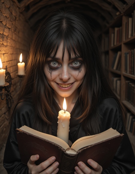 masterpiece, best quality, amazing quality, detailed eyes, 1girl, long black hair, long bangs, bags under eyes, crazy eyes, looking down at book, crazy smile, black robes, darkness, candlelight, underlighting, basement, open book, horror \(theme\)