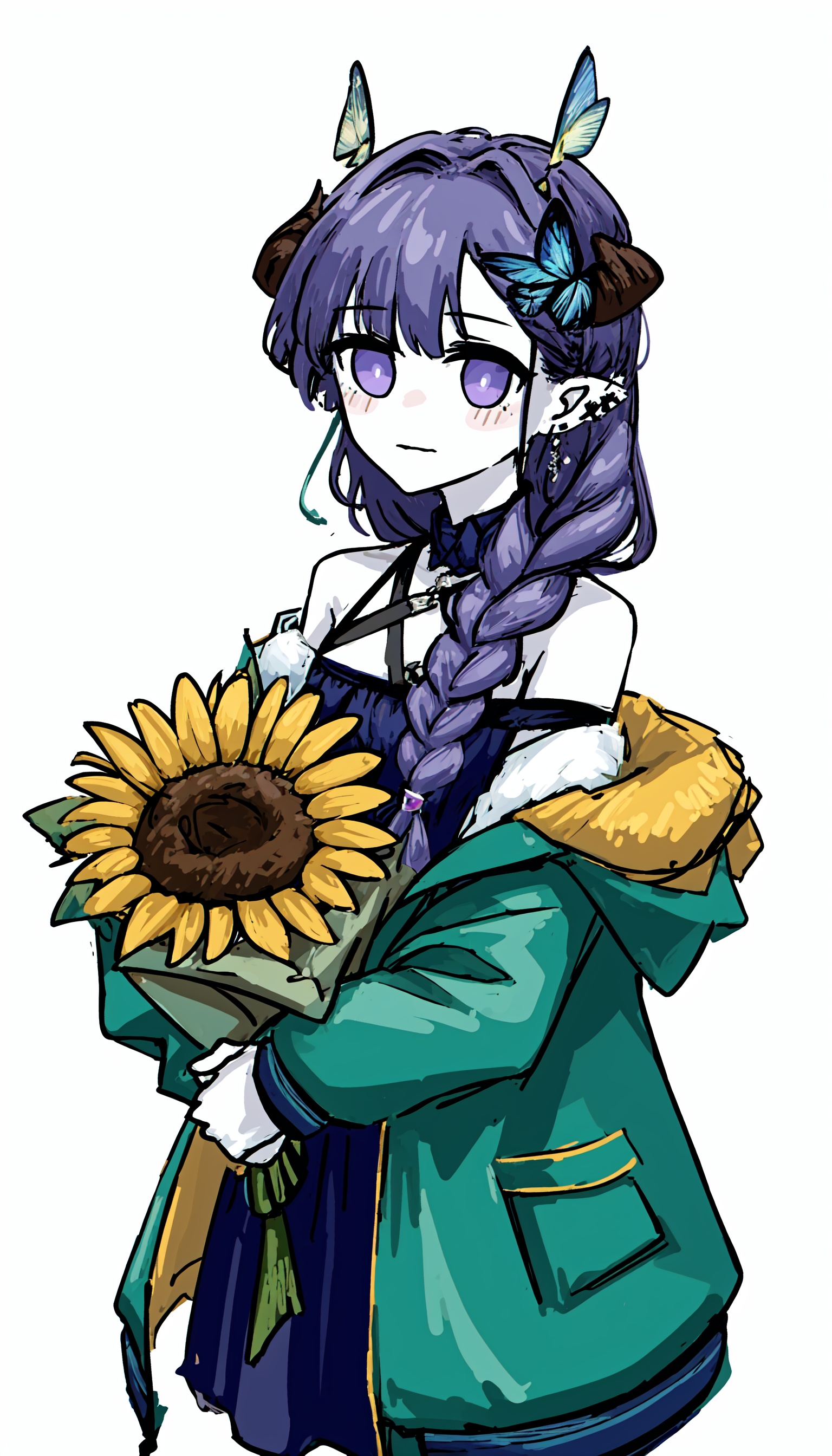 1girl, sunflower, flower, purple hair, solo, white background, jacket, purple eyes, pointy ears, bouquet, braid, simple background, holding bouquet, bug, holding, butterfly, official alternate costume, dress, off shoulder, long hair, ear piercing, colored skin, open jacket, blue jacket, fur-trimmed jacket, piercing, horns, open clothes