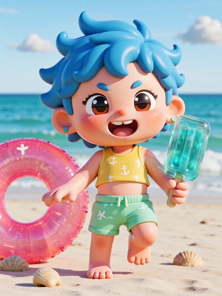 A 3D trendy chibi cartoon boy IP character in designer toy style,  embodying a summer beach theme with classic big head an...