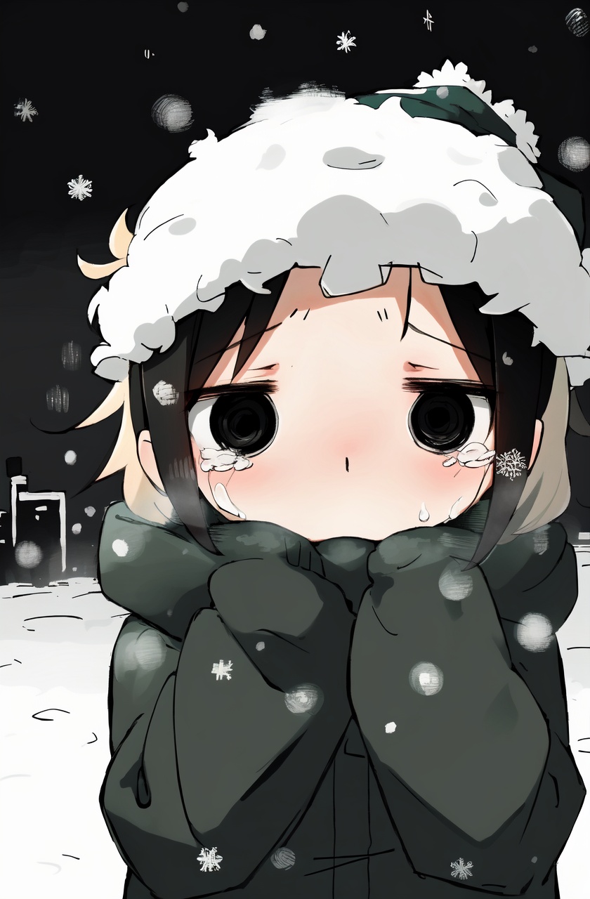 masterpiece,best quality,absurdres,1girl,black hair,fur trim,outdoors,grey sky,overcast,black eyes,green coat,blush,long sleeves,winter clothes,snow,hat,red scarf,bangs,snowing,crying with eyes open,portrait,(night:1.4),hand on own face, 