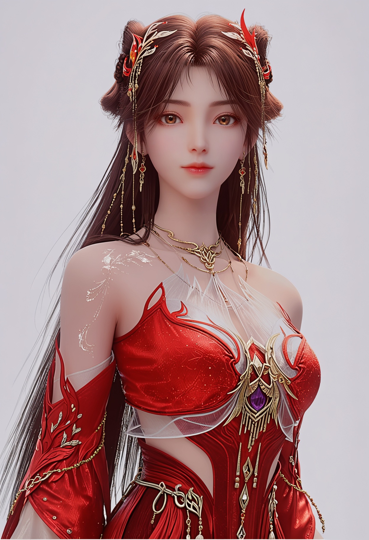 score_9,high detail,best quality,cinematic lighting,volumetric lighting,shiny skin,shiny,1girl,solo,brown_eyes,jewelry,red dress,dress,brown hair,long hair,necklace,white background,hair ornament,earrings,bare shoulders,detached sleeves,bracelet,closed mouth,looking at viewer,simple background,upper body,thighs,<lora:QQSponyhuolingertsV1:0.8>,<lora:Pony_DetailV2.0:0.8>,<lora:皮肤凹痕:0.1>,