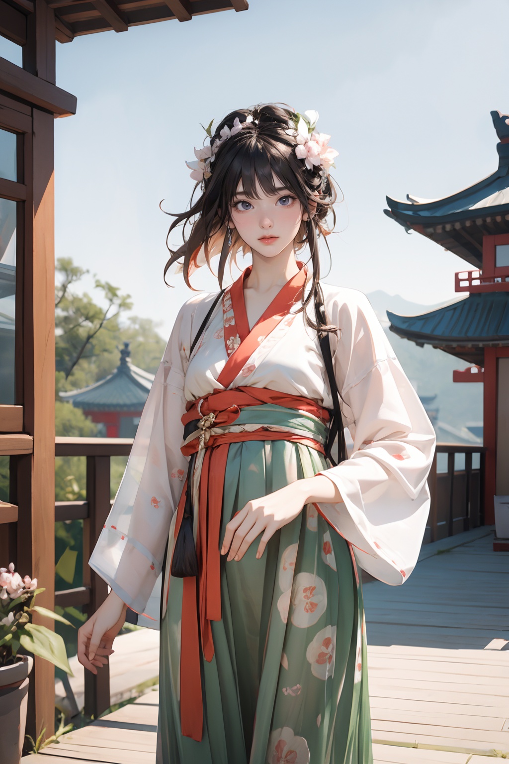 <lora:GoodHands-手beta2:1>,solo,1girl,standing,cowboy shot,<lora:0364 Green floral Hanfu_v1-000003:0.9>,ruanyi0364,chinese clothes,dress,hanfu,outdoors,Chinese ancient pagoda,full frontal,, best quality,masterpiece,highres,official art,extremely detailed cg unity 8k wallpaper