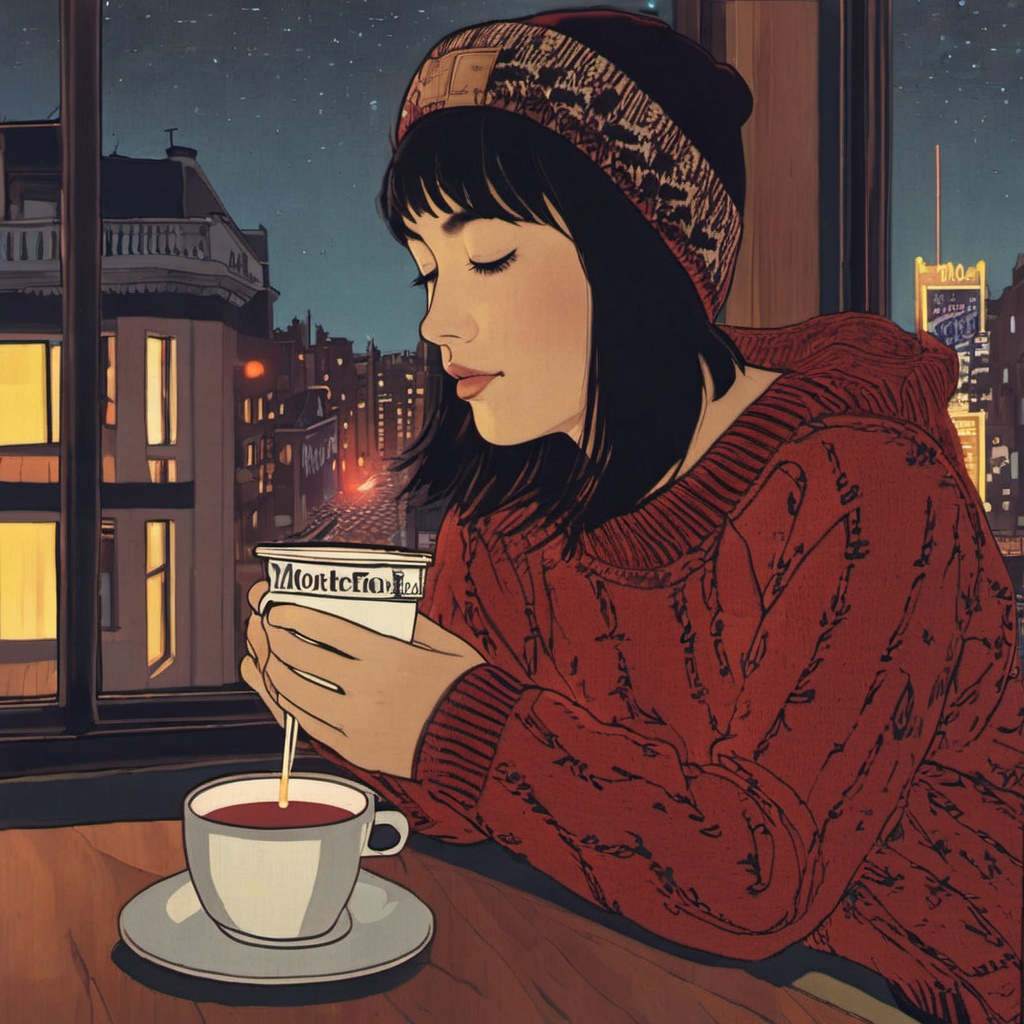 <lora:ukiyo-e_xl:1>,1girl,solo,short hair,black hair,long sleeves,hat,holding,sitting,closed eyes,indoors,sweater,cup,profile,phone,table,cellphone,steam,plate,beanie,drinking,red sweater,city lights,restaurant,from side,window,night,holding cup,smartphone,an animated character,possibly a young girl,sitting in a dimly lit room,she is wearing a winter sweater with a patterned design and a beanie hat,holding a cup possibly containing a warm beverage and is looking out of a window,the window offers a view of a cityscape with neon lights including a sign that reads 'motel',the room has a wooden table with a few items on it including a plate with a piece of bread and a smartphone,serene and introspective with a touch of nostalgia,character,cityscape,neon lights,sign,bread,