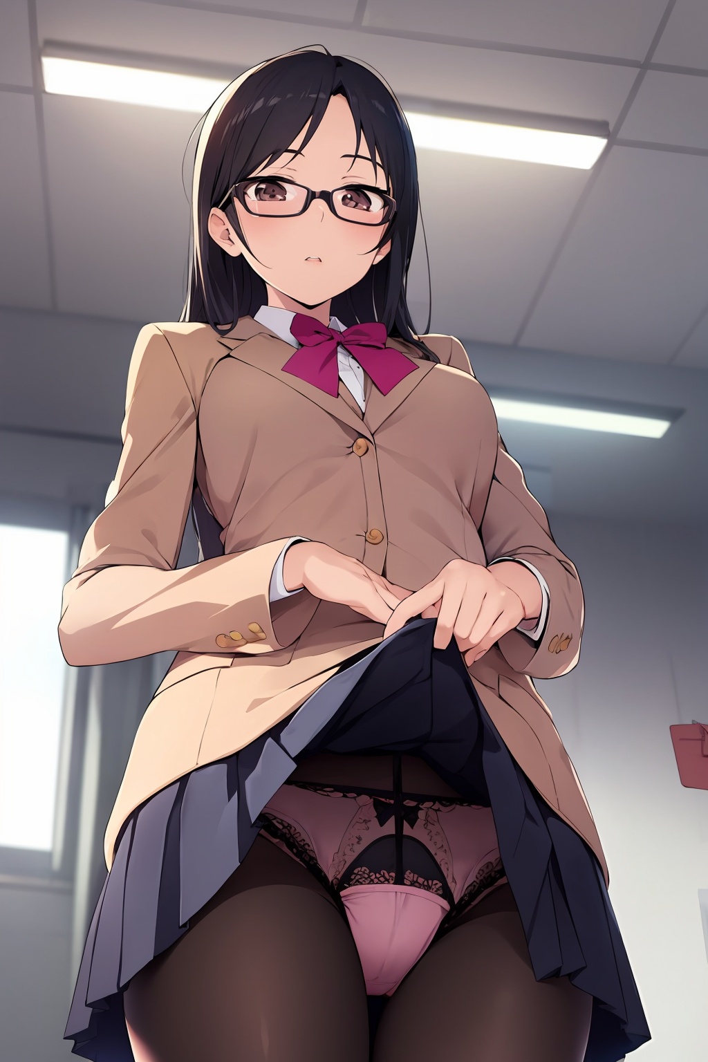 anime girl in glasses and a skirt with a folder in her hand,  1girl,  solo on Tensor.Art