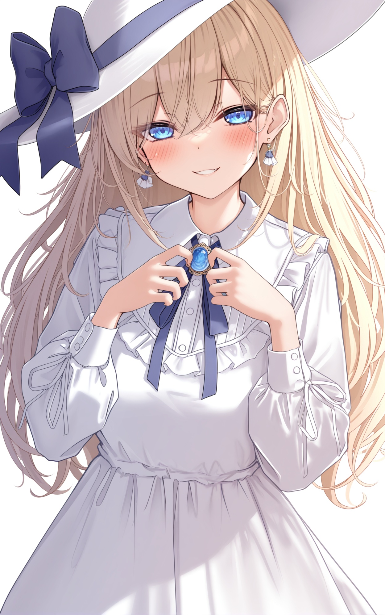 Monaka Curl,Cool, Cute, 1girl, hat, solo, blonde hair, blue eyes, long hair, jewelry, dress, looking at viewer, earrings, long sleeves, white headwear, white dress, smile, bow, ribbon, blue ribbon, white background, hat bow, frills, simple background, blue bow, hair between eyes, sun hat, breasts, blush, parted lips, puffy long sleeves, hat ribbon, brooch