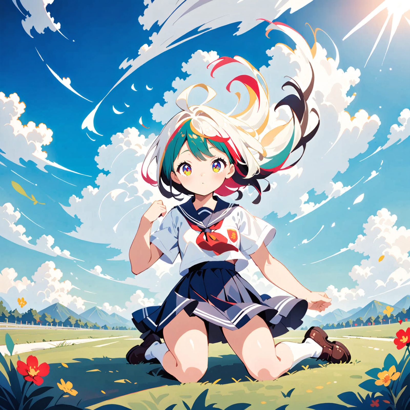 1girl,multicolored hair, floating hair,multicolored eyes,school uniform, cloudy sky, full body, grass,looking at viewer, wariza,front,eyelashes