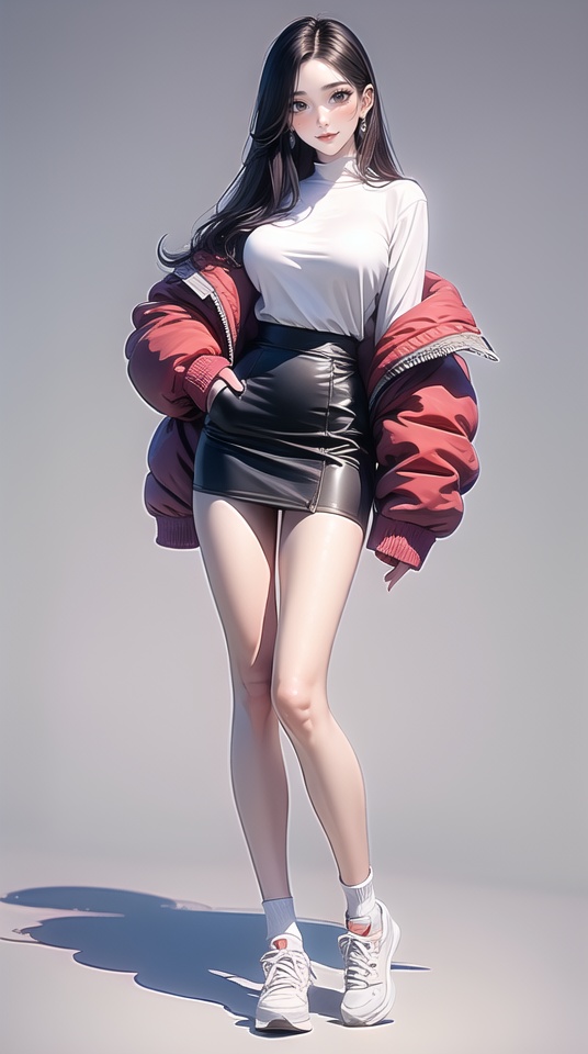 (best quality), ((masterpiece)), (highres), illustration, original, extremely detailed,dbj, 1girl, solo, long hair, skirt, full body, white footwear, sneakers, shoes, black skirt, jewelry, red lips, pencil skirt, breasts, earrings, standing, white background, looking at viewer, simple background, jacket, shirt, long sleeves, socks, white socks, miniskirt, zipper, sleeves past wrists, high-waist skirt, hand in pocket, open clothes, mole under eye, mole, closed mouth, large breasts, brown shirt, smile, lipstick, shadow, makeup, brown hair, blush, bare legs, parted bangs