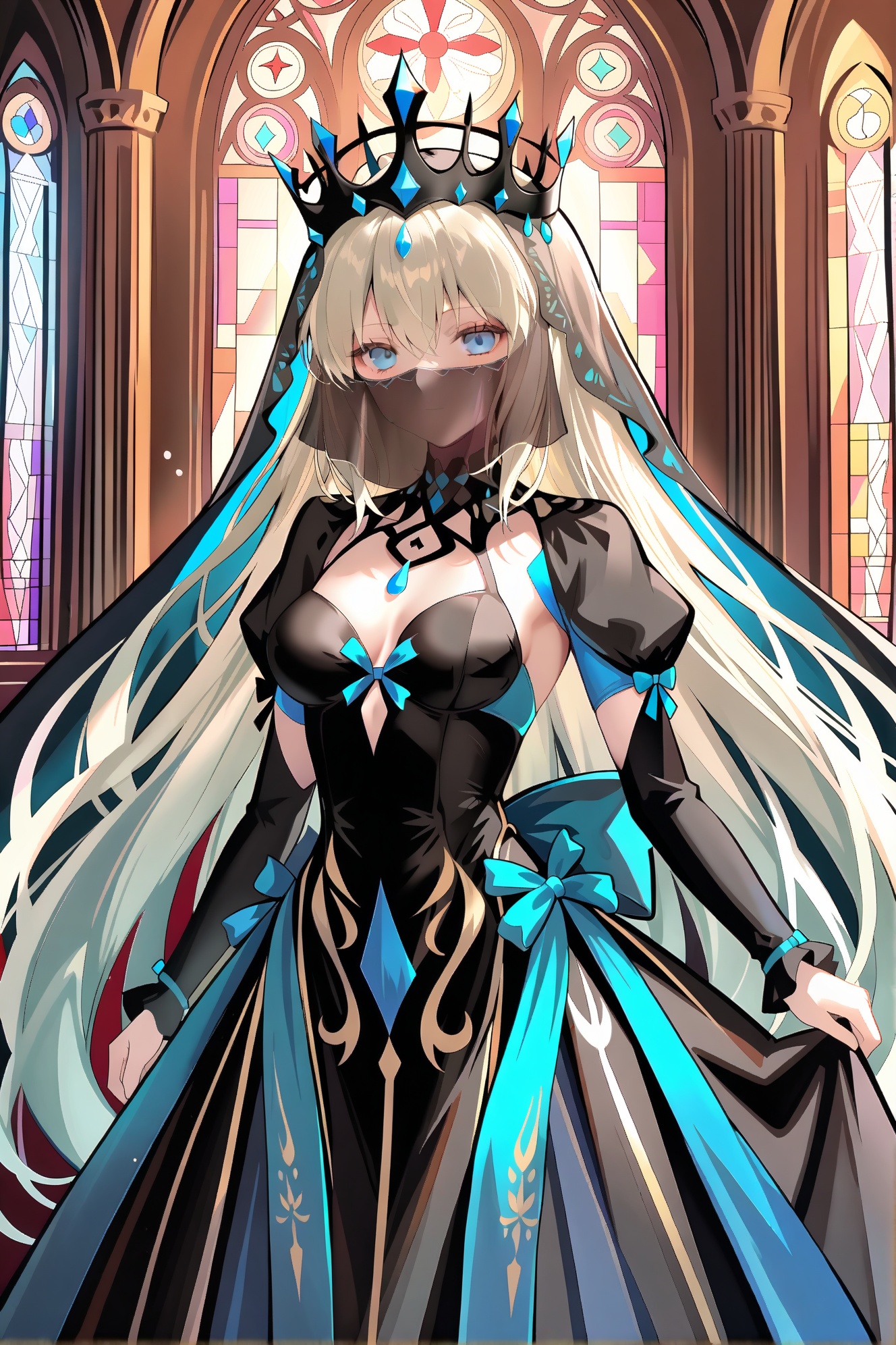 morgan le fay \(fate\), 1girl, veil, long hair, crown, blue eyes, solo, breasts, dress, very long hair, black dress