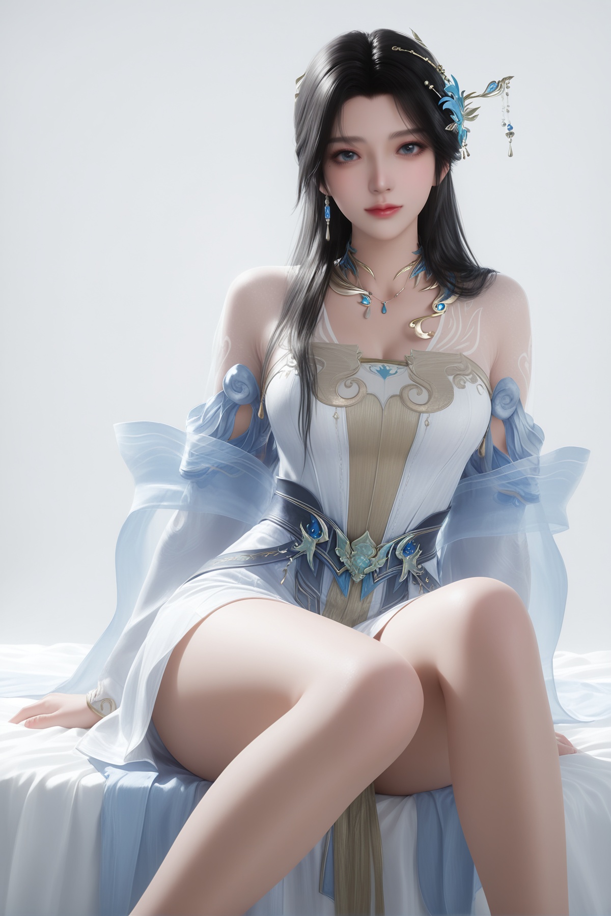 masterpiece,best quality,realistic,cinematic,detail eyes,(ultra-detailed),perfect composition,intricate details,absurdres,detailed face,high quality,high res,8K,<lora:X_anmiaoyi_x_IL3.0:0.8>,black hair,blue eyes,1girl,long hair,breast,medium breast,hair_ornament,dress,bare_legs,sitting,bed,simple background,white_background,looking_at_viewer,