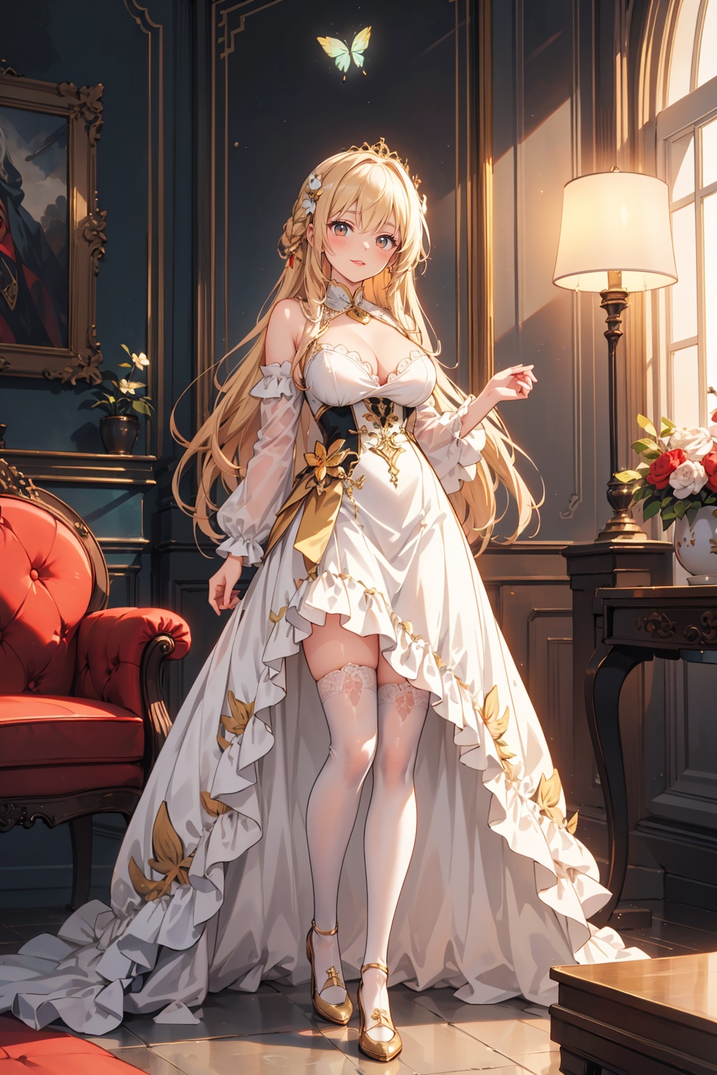 The young lady is adorned in a resplendent golden Rococo-style gown,with golden hair ornaments and a crown. Her delicate countenance is enhanced by exquisite makeup,complementing her fair complexion and slightly parted red lips. She holds a butterfly in her hand,exudes a Baroque-style and detailed illustrative artistry,featuring magnificent lighting and warm tones,HUBG_Rococo_Style(loanword),(\shen ming shao nv\),Lolita,<lora:add_detail:0.2>,(masterpiece, best quality, high quality, highres, ultra-detailed),<lora:gzc_cyan-000002:0.2>,<lora:guang:0.2>,<lora:shenmingshaonv2-000004:0.2>,large breasts,closed mouth,full body,standing,long hair,<lora:cozy anime_20230630155224:0.2>,white_thighhighs,seductive smile,1girl,
