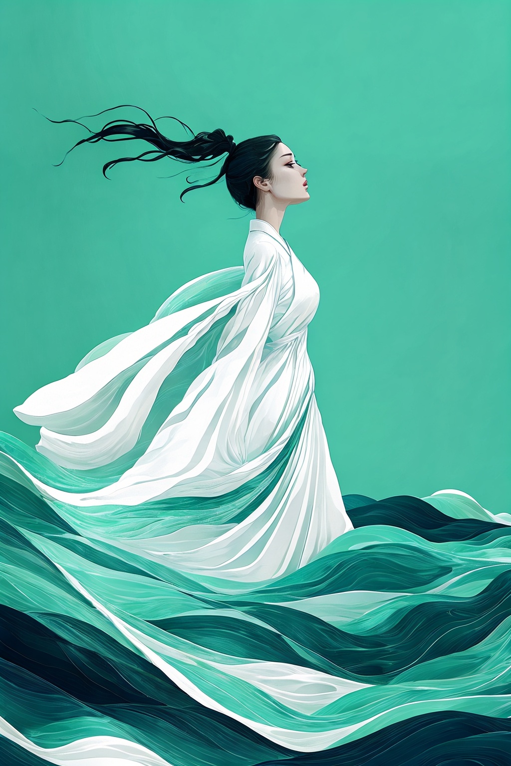 miluo_zcch, digital art, illustration, minimalist, surreal, female, long hair, black hair, ponytail, white dress, flowing dress, waves, ocean, water, sea, green water, abstract, tranquil, serene, side profile, standing, wind, wind-swept hair, calm, peaceful, pale skin, light green background, smooth texture, soft lines, elegant, graceful, fantasy, modern art, contemporary art, dreamy, ethereal, minimalistic background, no face, no eyes, no nose, no mouth, no genitals<lora:米洛丨宋代青绿1.5-v1:1>,