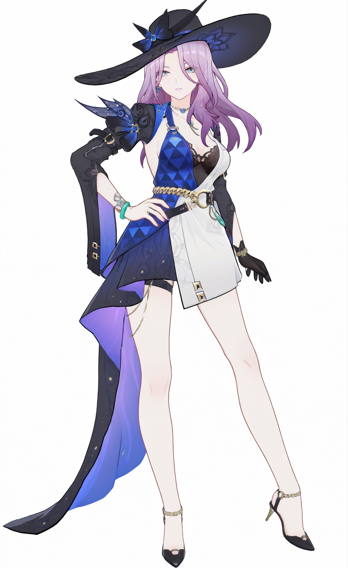 8k, best quality, masterpiece, (ultra-detailed), (high detailed skin), (white background), (full body:1.2), (white background), standing, looking at viewer, (solo), hands on hips, <lora:feicui-artiwaifu-Tanger-000009:0.8>, feicui, feicui's def clothes, 1girl, gloves, hat, black gloves, long hair, dress, purple hair, jewelry, black headwear, breasts, bracelet, single glove, tall, long legs, 