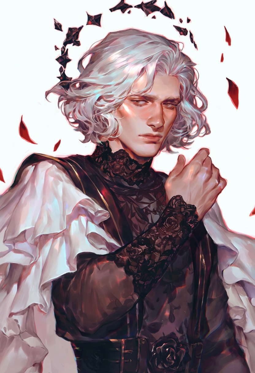 1boy,  rose court angel with white hair,  black lace cuffs on Tensor.Art