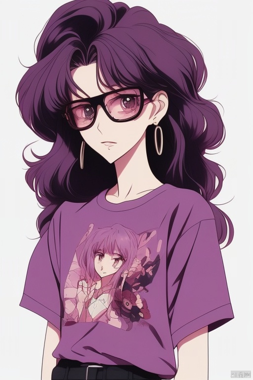 mnmhf,1girl, glasses, solo, long hair, jewelry, shirt, earrings, purple shirt, purple eyes, t-shirt, looking at viewer, upper body, retro artstyle, print shirt, wavy hair, purple hair, round eyewear, messy hair, short sleeves<lora:EMS-344925-EMS:0.800000>