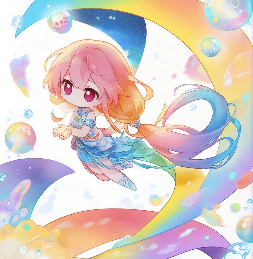 chibi,1girl,beautiful,white background,water drops,wet clothes,beautiful detailed water,floating,((colorful bubble)),(floating),detailed light,floating and rainbow long hair,Iridescence and rainbow, beautiful detailed starry sky,