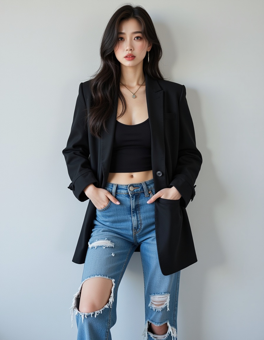 a real picture of a south korea woman,In Ripped Jeans\(Jeans with intentional tears and distressing,adding a trendy and edgy vibe\).,