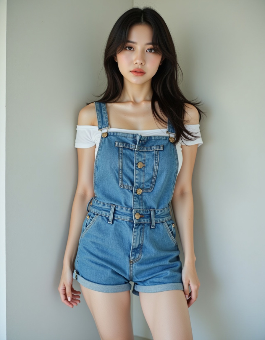 a real picture of a south korea woman,n(denim overall shorts),