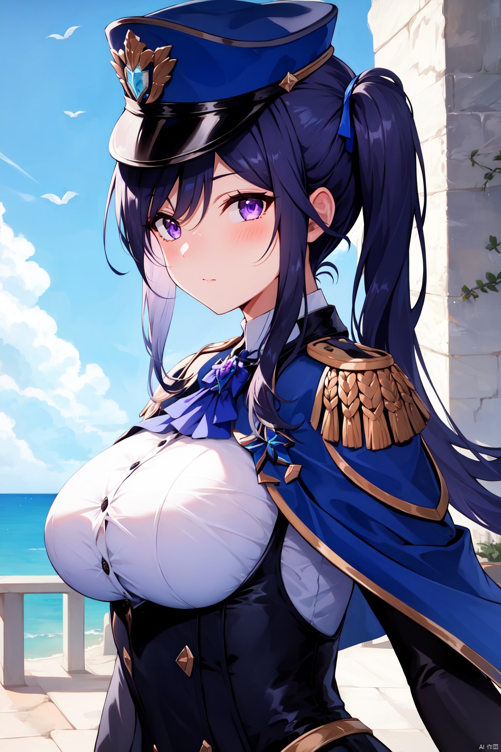 1girl,bangs,black gloves,black hair,blue sky,blurry,blurry background,blurry foreground,breasts,cape,closed mouth,cloud,day,depth of field,gloves,hat,jacket,large breasts,long hair,long sleeves,looking at viewer,outdoors,purple eyes,purple hair,side ponytail,sky,solo,town,underbust,upper body<lora:EMS-398304-EMS:0.800000>
