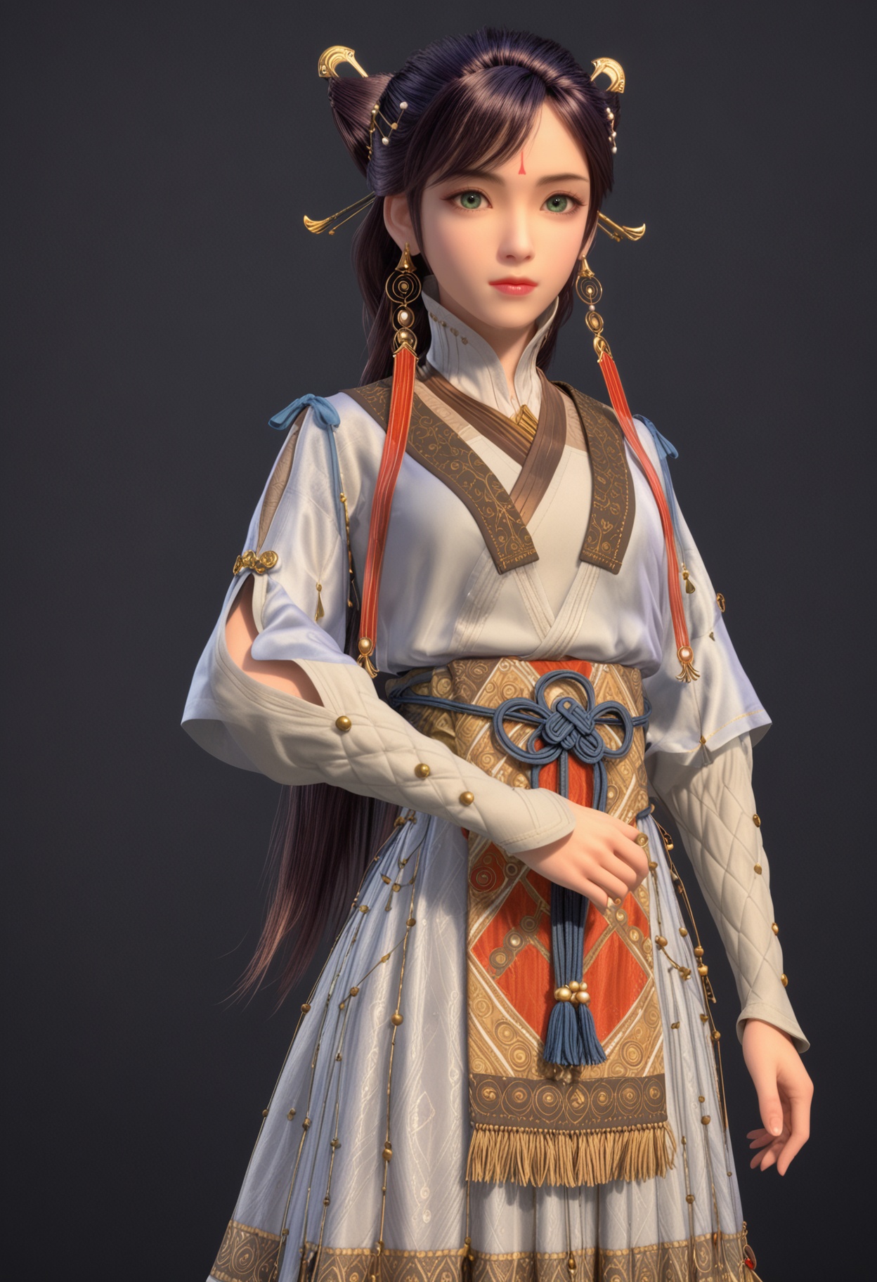 (looking_at_viewer:1.2),cowboy shot,<lora:YQ_pony_xulingxi_V4:0.8>,q1528437228,solo,1girl,jewelry,earrings,hair ornament,black hair,forehead mark,chinese clothes,hair bun,green eyes,long hair,brown hair,long sleeves,hair stick,tassel,dress,hanfu,brown eyes,boots,simple background,pure black background,