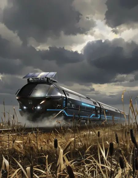 Yurimazum art style.A futuristic,  sleek black train labeled "S-18" glides silently through a vast field of dry,  golden-b...