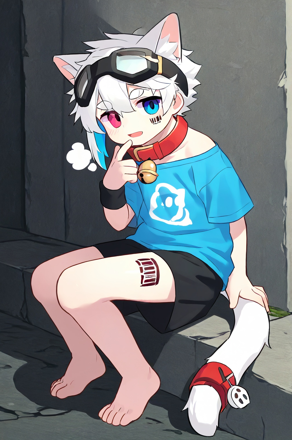 1boy,white hair,white_skin,white cat ear,Right mid length drooping frontal hair,(Asymmetric hair on the temples:1.2),blue t-shirt,oversize t-shirt,(barefoot),Expose left shoulder,goggles on head,[bell on collar,Collar,r,Large collar],tail decoration,wristband,thick eyebrows,(red and blue heterochromatic pupil:0.8),barcode tattoo,heavy_breathing,<lora:电影工坊V3.0:0.5>,AKIRA,