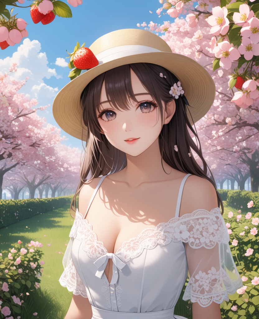 (,1girl, ,best quality, ),looking at viewer,masterpiece, (( , )),ultra realistic 8k cg, ,    ,cleavage,strawberry blossoms,lace , (cleavage), (),