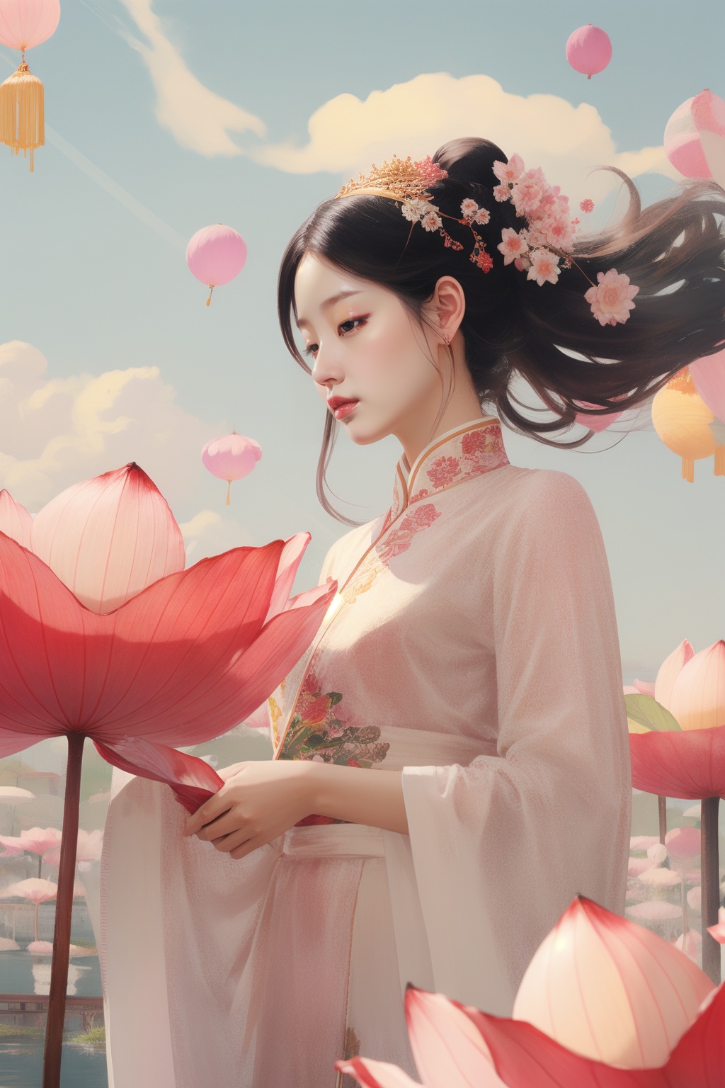 1girl,lotus leaf ,low angle, <lora:honghuang-000004:0.7>,honghuang,