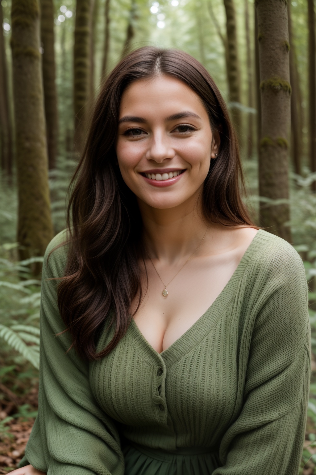 Portrait photo of a woman in the green forest,  in pose,  smiling on Tensor.Art
