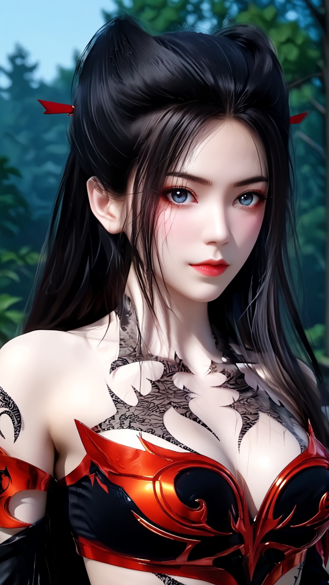 The image is a close-up portrait of a young woman with long dark hair. She has a serious expression on her face and is looking directly at the camera. Her hair is styled in a high ponytail with red spikes on top. She is wearing a black and white patterned top with a high neckline and long sleeves. The background is blurred, but it appears to be an outdoor setting with trees and greenery. The overall mood of the image is dark and mysterious..,<lora:pony焰:0.8>,