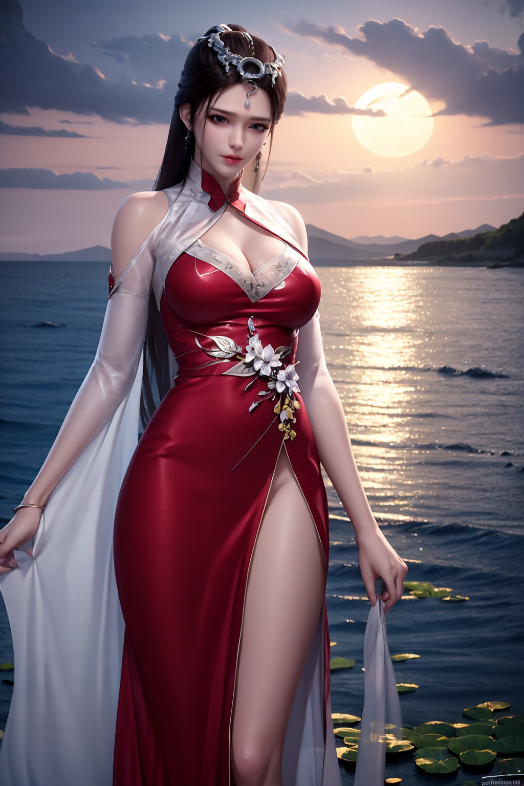 standing,dress,chinese clothes,flower,full_moon,moon,night,lily_pad,lotus,moonlight,water,night_sky,lily_\(flower\),sky,partially_submerged,1girl,solo,hair ornament,long hair,realistic,nail polish,photo_\(medium\),(breasts, medium_breasts, cleavage),makeup,(8k, RAW photo, best quality, masterpiece:1.2),(realistic, photorealistic:1.3),ultra-detailed,extremely detailed cg 8k wallpaper,(crystalstexture skin:1.2),extremely delicate and beautiful,