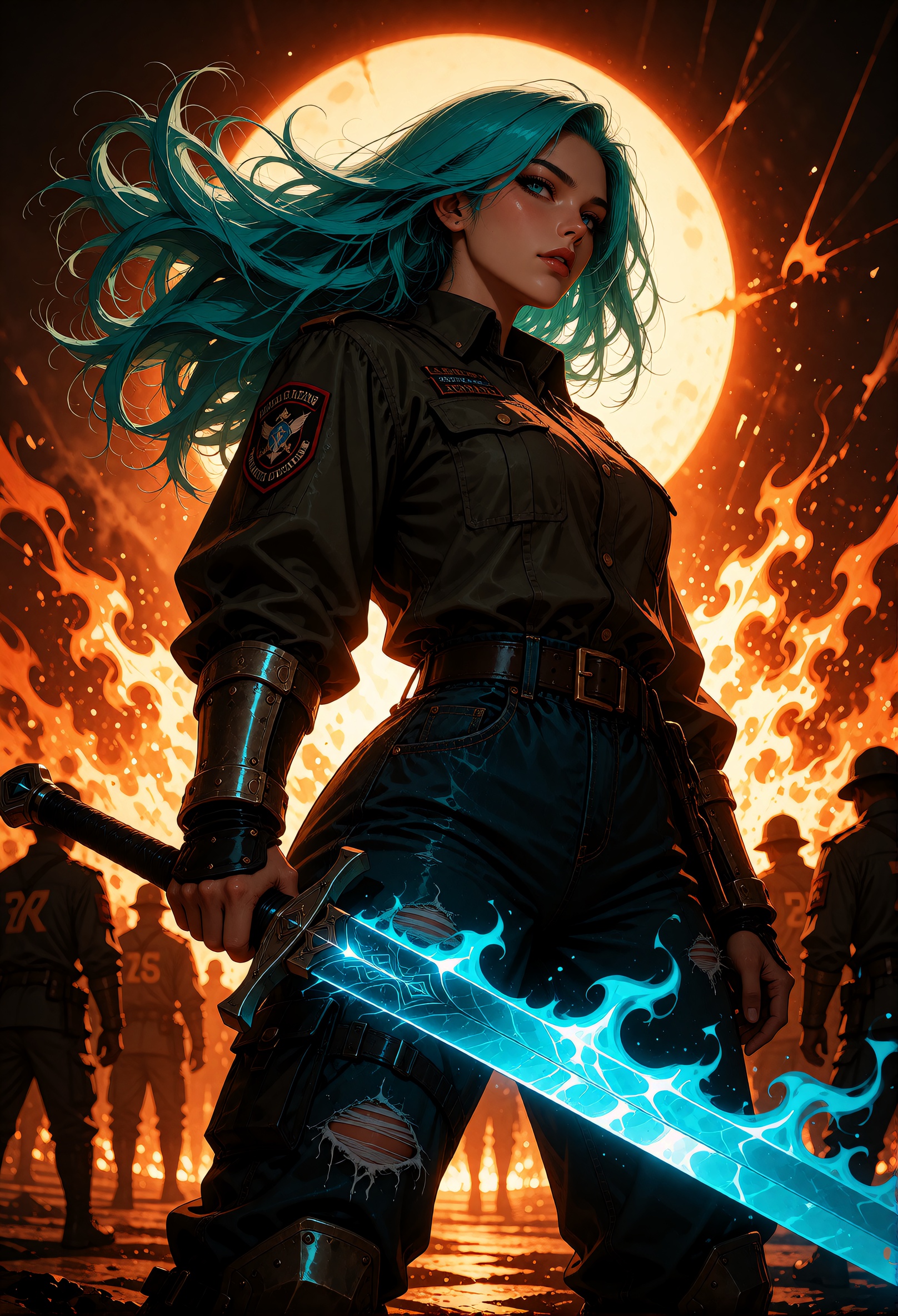 A dramatic and powerful digital illustration from a low-angle perspective,  depicting a powerful female warrior stands con...