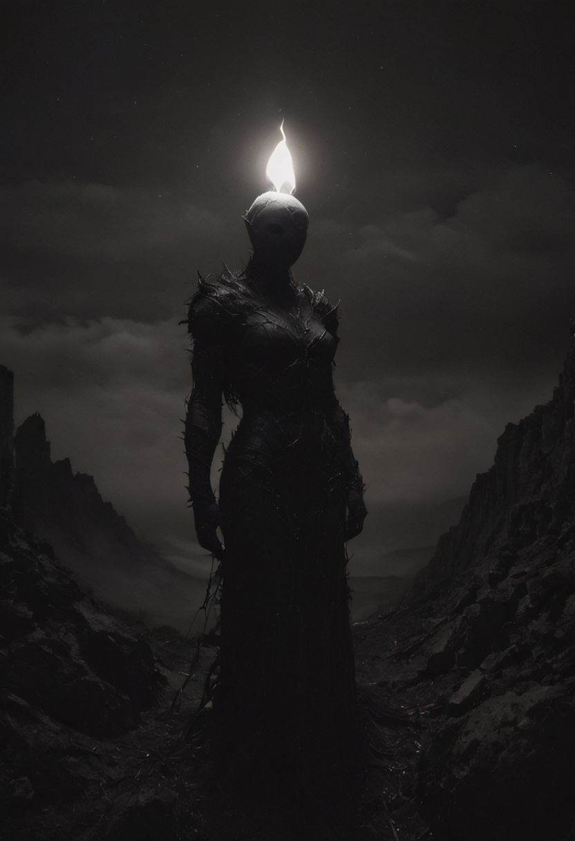 Capture the heroism in the stillness of the night as the luminous bulb-headed figure stands tall atop a lofty pinnacle,  c...