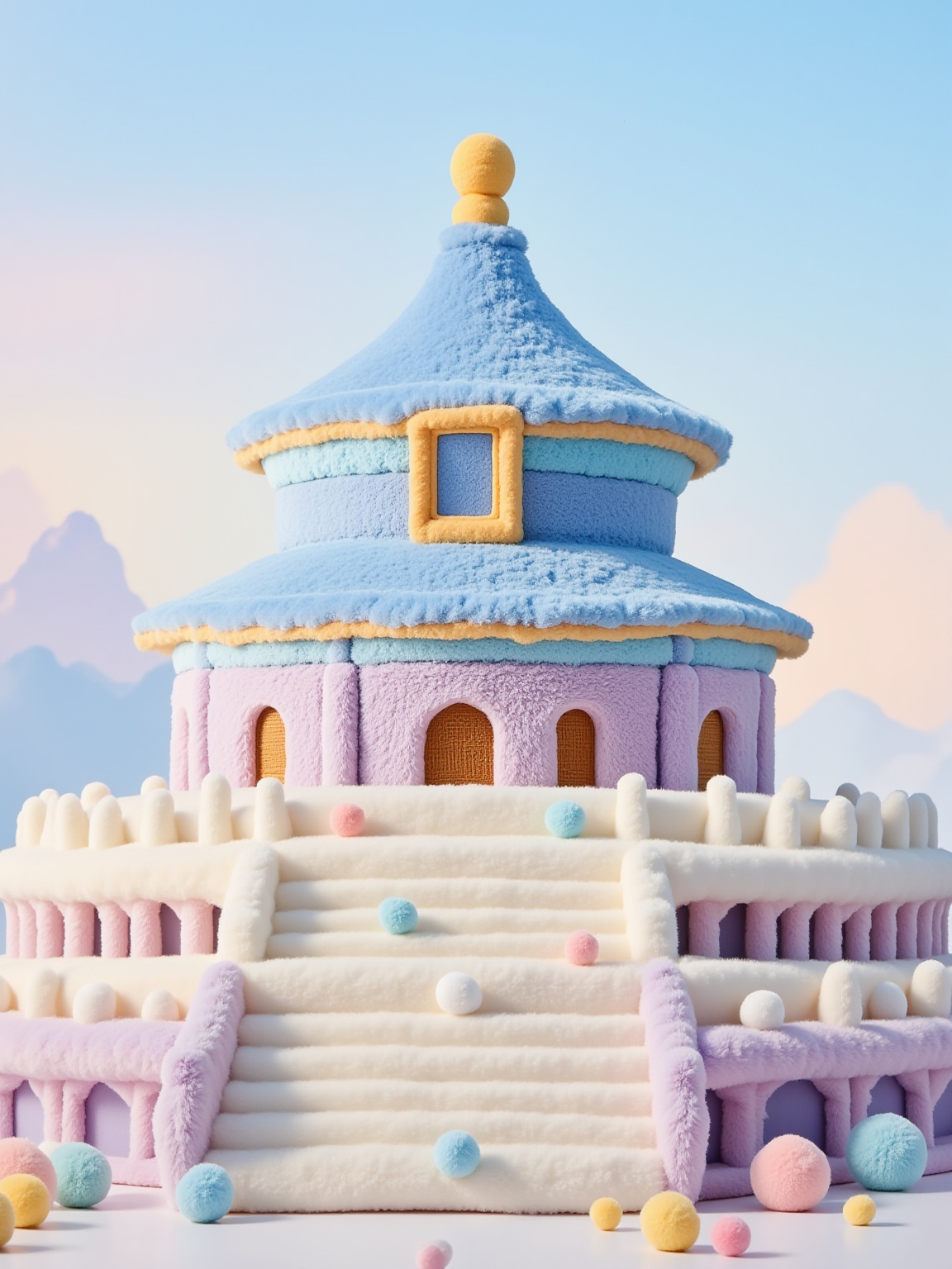 YY_plush,A whimsical and imaginative rendition of the Temple of Heaven made entirely from soft,fluffy plush materials,designed in a LOOPY art style. The iconic round structure is depicted in vibrant yet harmonious pastel tones of baby blue,lavender,and soft gold,with detailed embroidery-like textures for its intricate designs. The white marble-like steps and railings are reimagined as smooth,while the overall composition maintains clean lines and a minimalist atmosphere. The scene is bathed in soft,diffused lighting,enhancing the cozy and magical feel. The background features a clear pastel sky with a gentle gradient,adding to the serene and playful ambiance.,<lora:YY-毛绒F.1:1>,