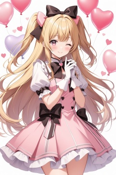 1girl, solo, long hair, looking at viewer, blush, smile, bangs, blonde hair, gloves, white background, dress, bow, holding, very long hair, closed mouth, short sleeves, hair bow, heart, one eye closed, puffy sleeves, white gloves, two side up, puffy short sleeves, hands up, black bow, pink bow, pink dress, ;\), balloon, holding balloon, heart balloon