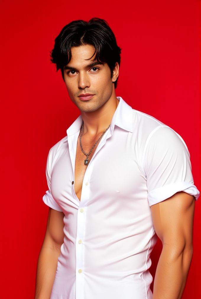 kirk bondad ,  The image is a high-resolution photograph. standing against a solid red background. wavy hair styled to the...